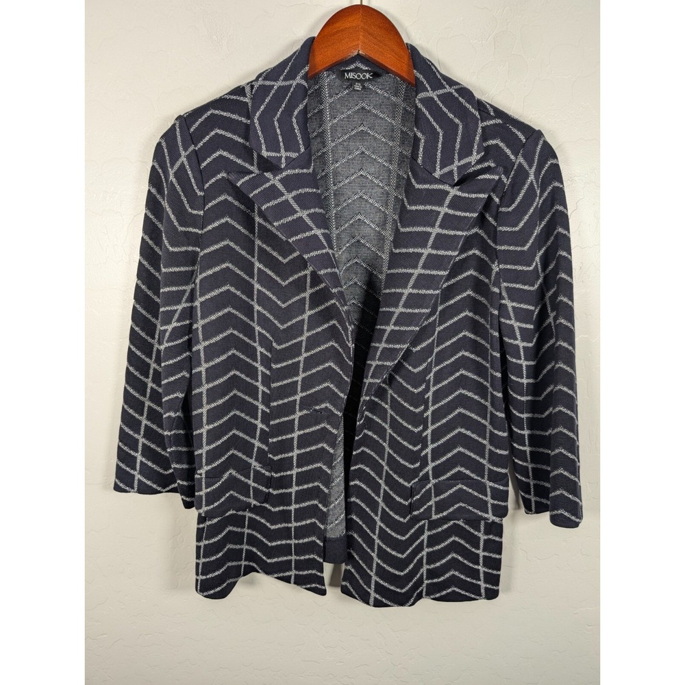 Misook Cardigan Jacket Women Petite Small Open Knit Striped Black Pocket Stretch
